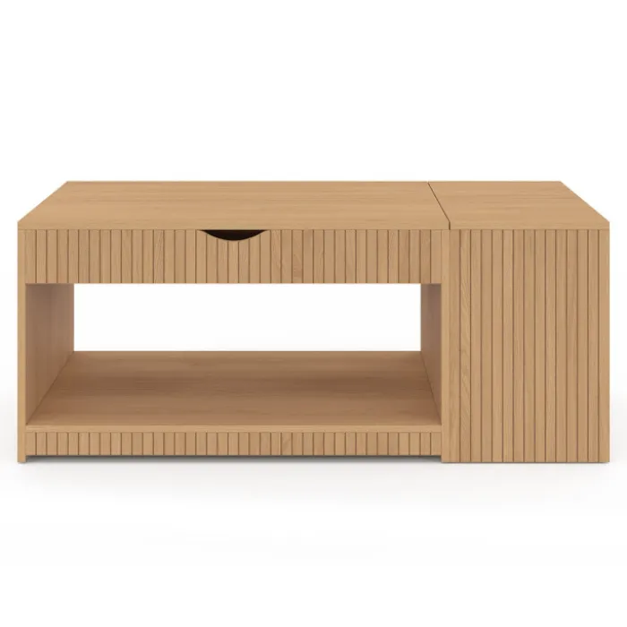 Table basse rectangulaire plateau relevable avec coffre lattes tasseau bois coloris chêne