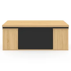 Table basse rectangulaire double plateau relevable avec poufs bois et noir convertible en table à manger