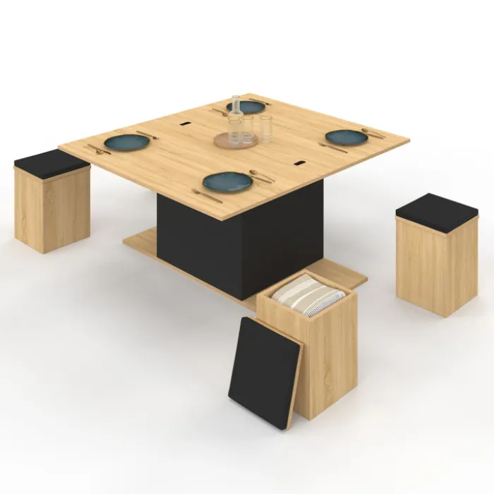Table basse rectangulaire double plateau relevable avec poufs bois et noir convertible en table à manger