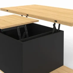 Table basse rectangulaire double plateau relevable avec poufs bois et noir convertible en table à manger