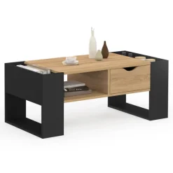 Table basse rectangulaire avec tiroir bois noir et façon hêtre