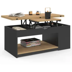 Table basse rectangulaire convertible table à manger bois et noir 100 cm