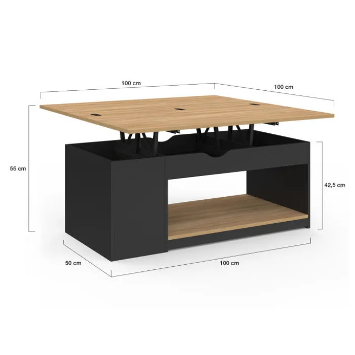 Table basse rectangulaire convertible table à manger bois et noir 100 cm
