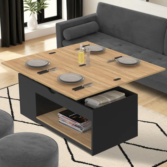 Table basse rectangulaire convertible table à manger bois et noir 100 cm