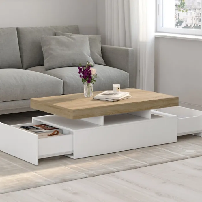 Table basse rectangulaire 2 tiroirs blanc avec plateau façon hêtre 100 cm