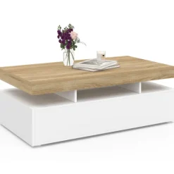 Table basse rectangulaire 2 tiroirs blanc avec plateau façon hêtre 100 cm
