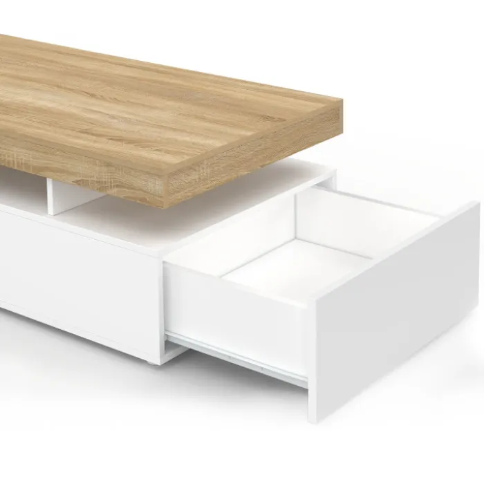 Table basse rectangulaire 2 tiroirs blanc avec plateau façon hêtre 100 cm