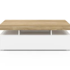 Table basse rectangulaire 2 tiroirs blanc avec plateau façon hêtre 100 cm