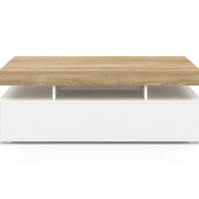 Table basse rectangulaire 2 tiroirs blanc avec plateau façon hêtre 100 cm