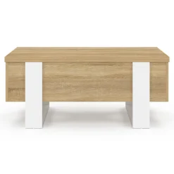 Table basse rectangulaire relevable convertible en table à manger bois et blanc