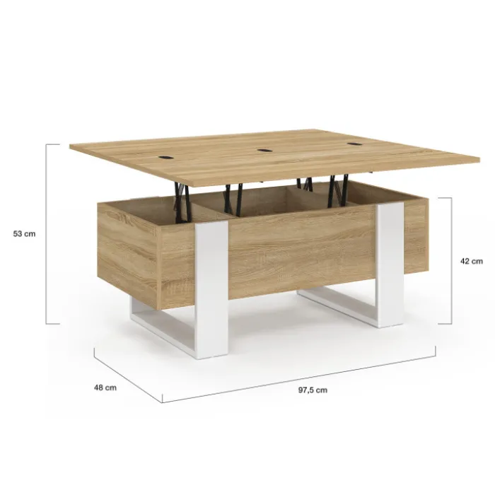 Table basse rectangulaire relevable convertible en table à manger bois et blanc