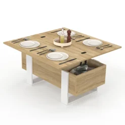 Table basse rectangulaire relevable convertible en table à manger bois et blanc