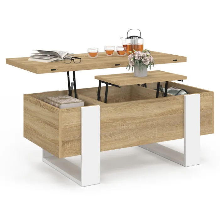 Table basse rectangulaire relevable convertible en table à manger bois et blanc