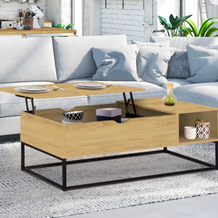 Table basse relevable bois et métal avec rangements