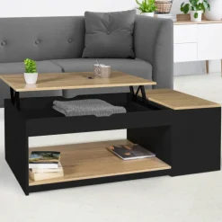Table basse relevable bois noir et façon hêtre