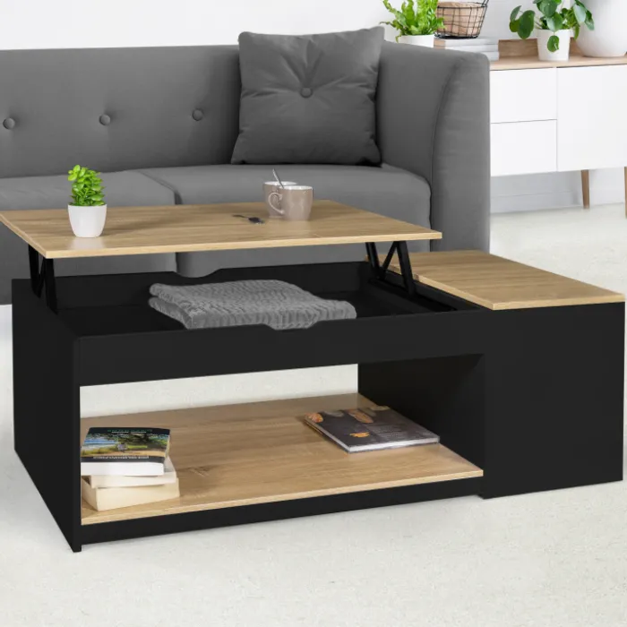 Table basse relevable bois noir et façon hêtre