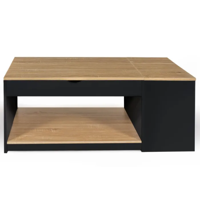 Table basse relevable bois noir et façon hêtre