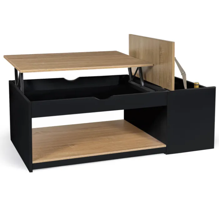 Table basse relevable bois noir et façon hêtre
