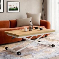 Table basse relevable en table à manger industrielle avec plateau façon hêtre
