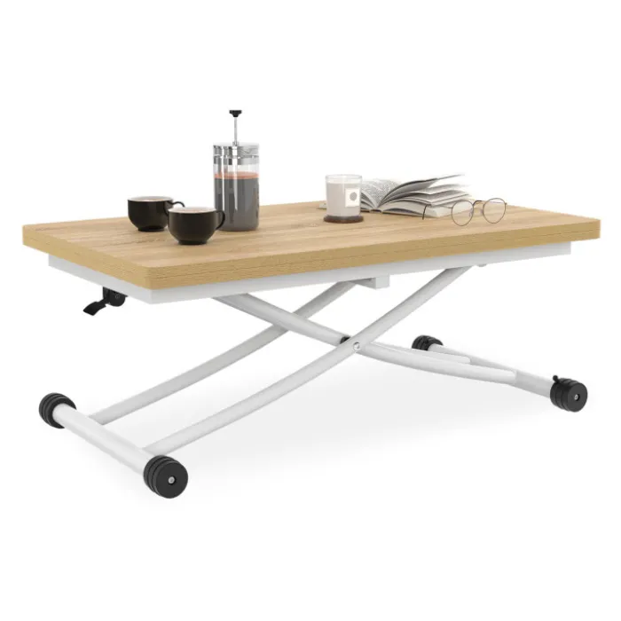 Table basse relevable en table à manger industrielle avec plateau façon hêtre