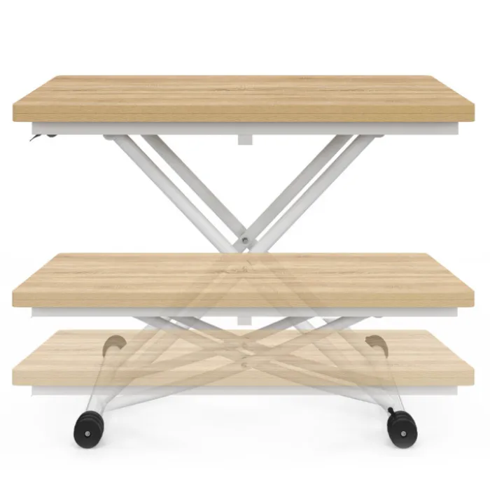 Table basse relevable en table à manger industrielle avec plateau façon hêtre