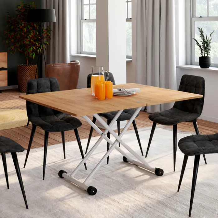 Table basse relevable en table à manger industrielle avec plateau façon hêtre