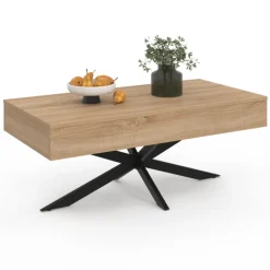 Table basse relevable industrielle rectangulaire bois et noir 100 cm pied araignée