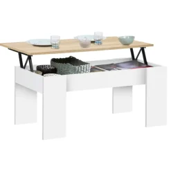 Table basse relevable rectangulaire bois blanc et imitation hêtre