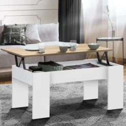 Table basse relevable rectangulaire bois blanc et imitation hêtre