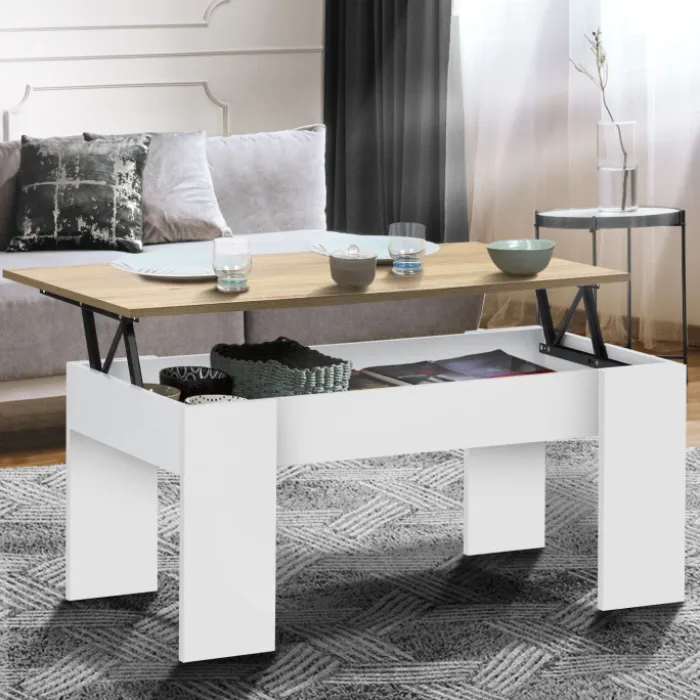 Table basse relevable rectangulaire bois blanc et imitation hêtre