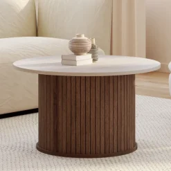 Table basse ronde 70 cm lattes effet noyer et plateau travertin