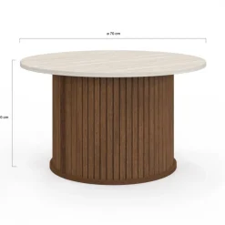 Table basse ronde 70 cm lattes effet noyer et plateau travertin