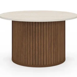 Table basse ronde 70 cm lattes effet noyer et plateau travertin