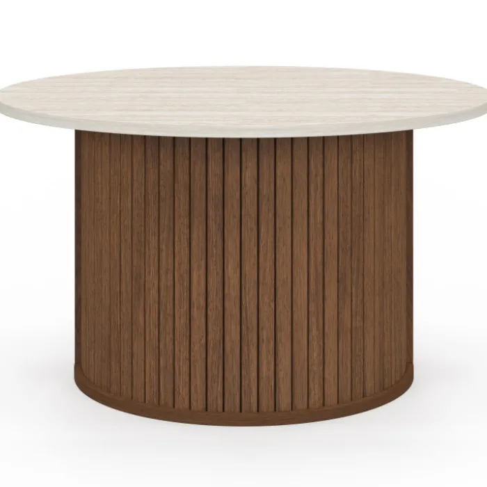 Table basse ronde 70 cm lattes effet noyer et plateau travertin