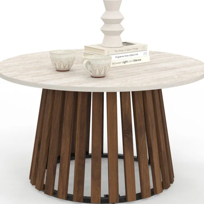 Table basse ronde 70 cm pied bois en lattes effet noyer et plateau travertin