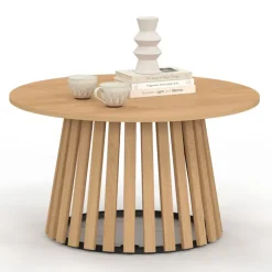 Table basse ronde 70 cm pied bois en lattes et plateau bois
