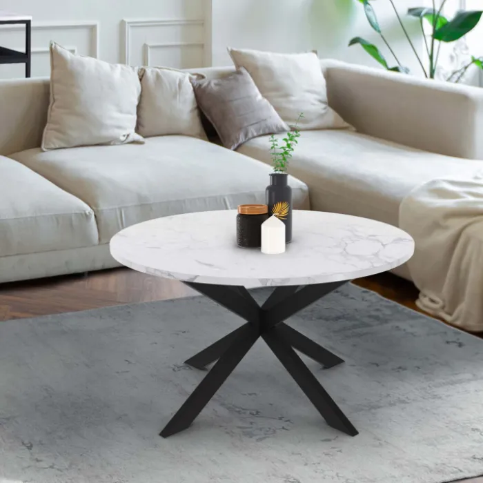 Table basse ronde avec plateau effet marbre blanc 70 cm