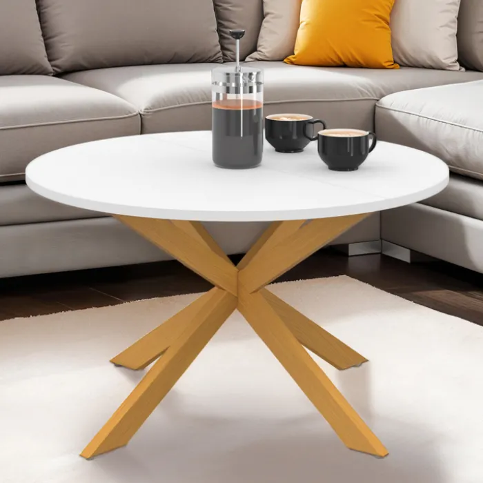 Table basse ronde blanche et bois 70 cm pied araignée
