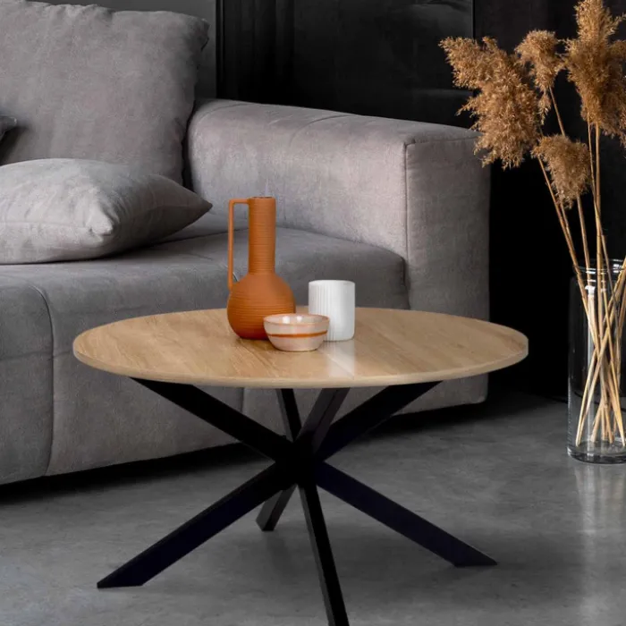 Table basse ronde bois et noir pied araignée