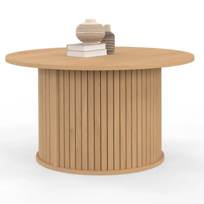 Table basse ronde moderne 70 cm lattes coloris chêne