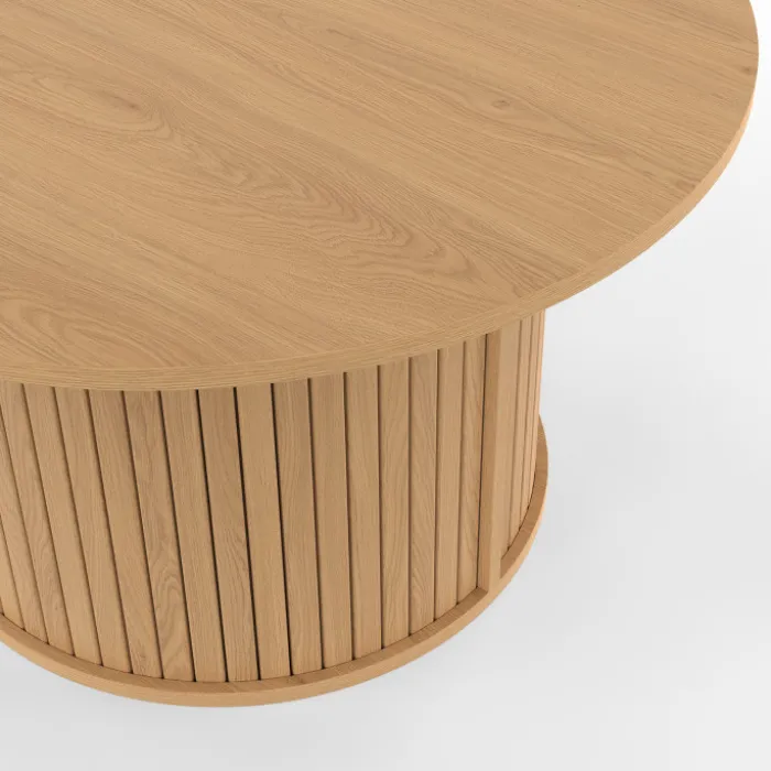 Table basse ronde moderne 70 cm lattes coloris chêne