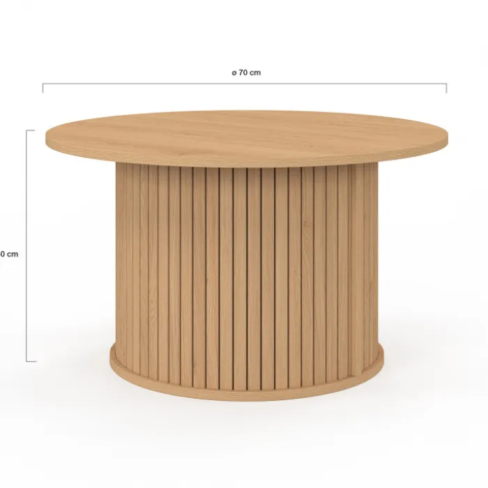 Table basse ronde moderne 70 cm lattes coloris chêne