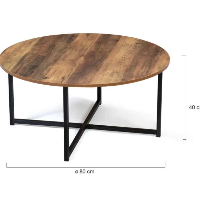 Table basse ronde style industriel bois foncé 80 cm