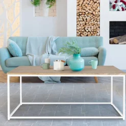 Table basse style industriel bois et métal blanc