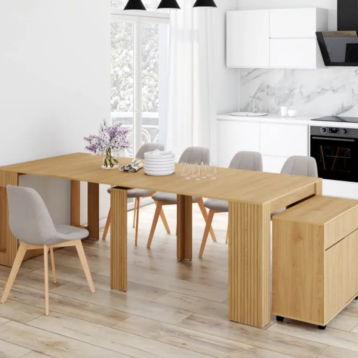 Table buffet extensible JULIETTE 10 personnes 235 cm effet lattes tasseau bois coloris chêne