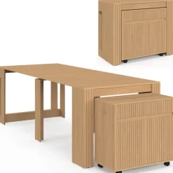 Table buffet extensible JULIETTE 10 personnes 235 cm effet lattes tasseau bois coloris chêne