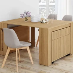 Table buffet extensible JULIETTE 10 personnes 235 cm effet lattes tasseau bois coloris chêne