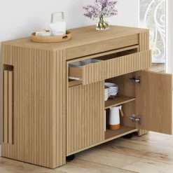 Table buffet extensible JULIETTE 10 personnes 235 cm effet lattes tasseau bois coloris chêne
