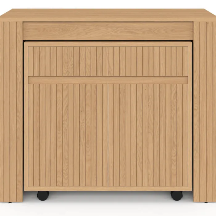 Table buffet extensible JULIETTE 10 personnes 235 cm effet lattes tasseau bois coloris chêne