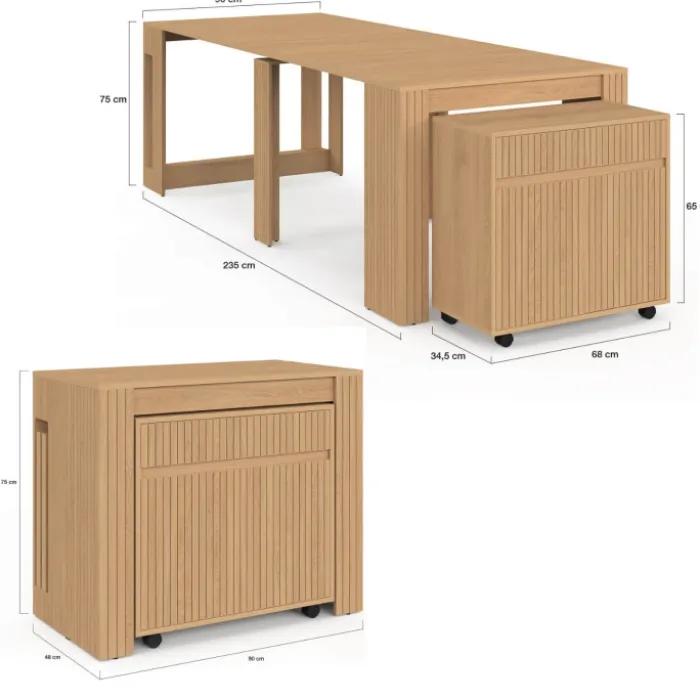 Table buffet extensible JULIETTE 10 personnes 235 cm effet lattes tasseau bois coloris chêne